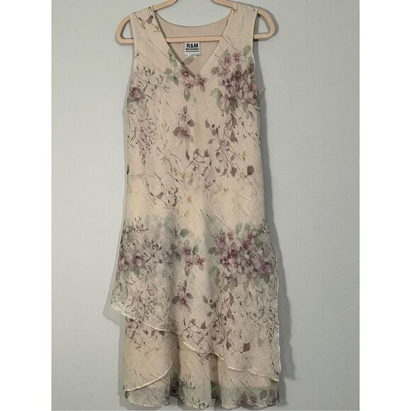 R&M Richards Vintage Floral Cream Chiffon Fairy Dress w/ Sheer Cover Up Formal S - Picture 1 of 7